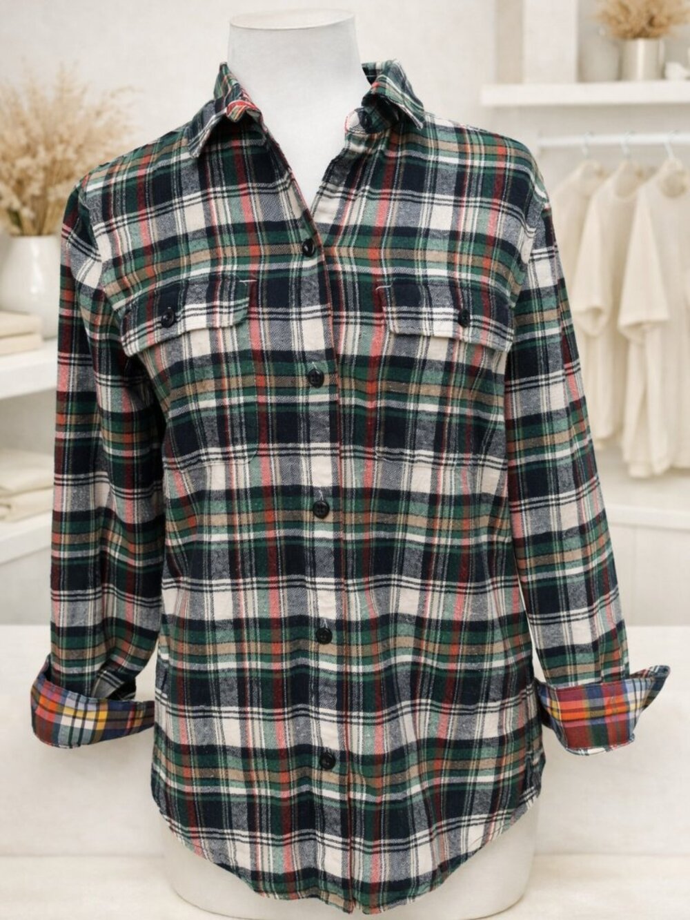 Madewell Ex-Boyfriend Highland Tartan Plaid Flannel Button‑Down Shirt Green Red
